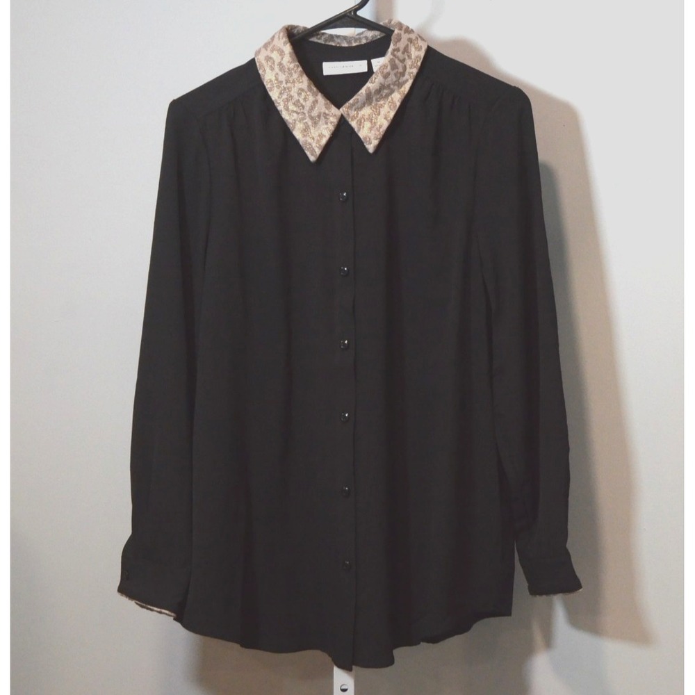 Susan Graver Women's Size 10 Black Long Sleeve Blouse Brocade-like Collar